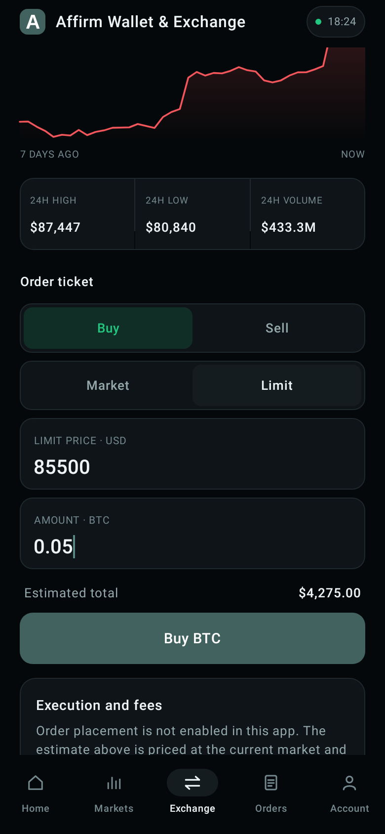 Affirm Wallet & Exchange — Order ticket