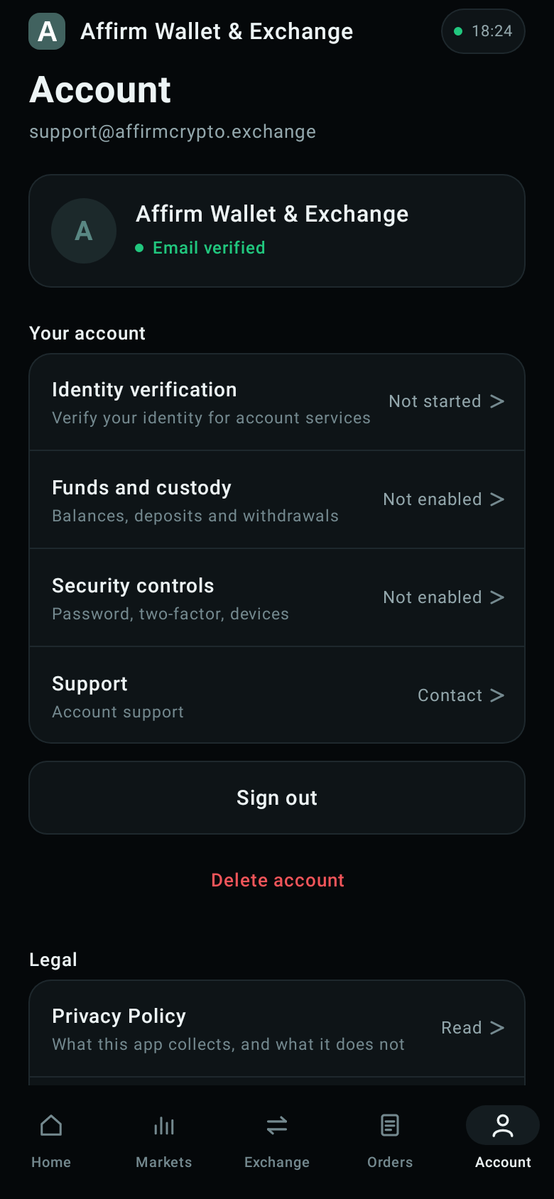 Affirm Wallet & Exchange — Account
