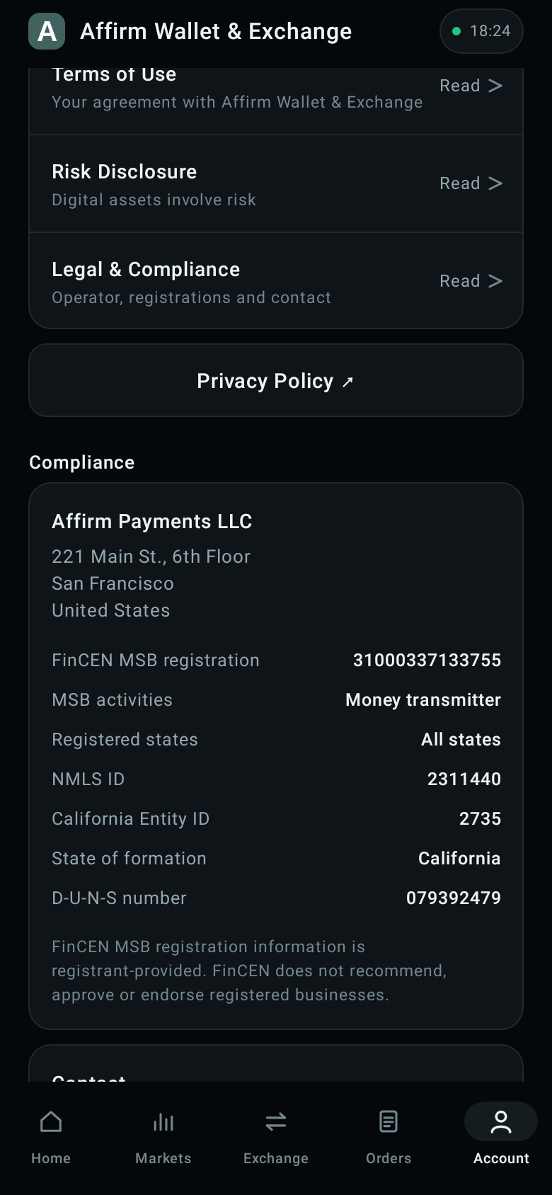 Affirm Wallet & Exchange — Company & legal