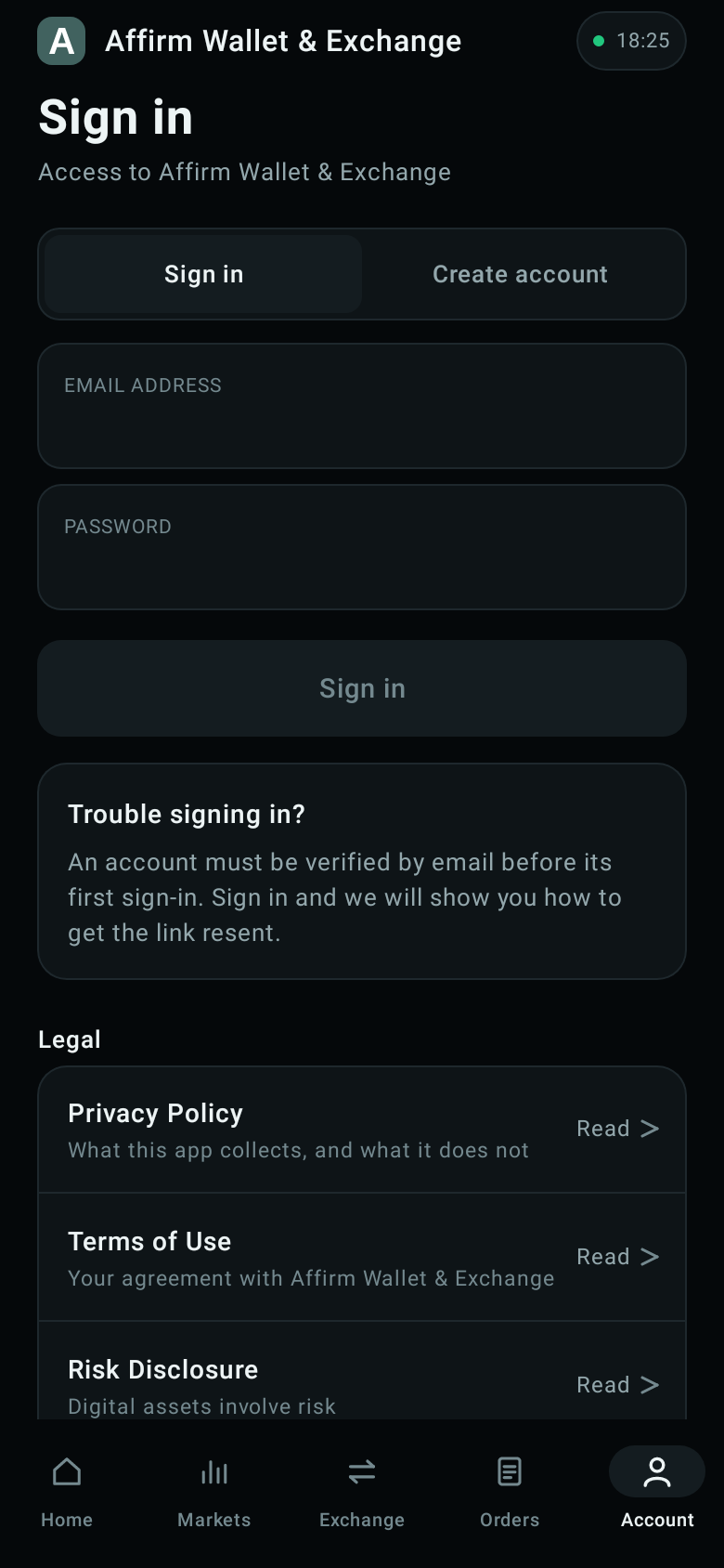 Affirm Wallet & Exchange — Sign in